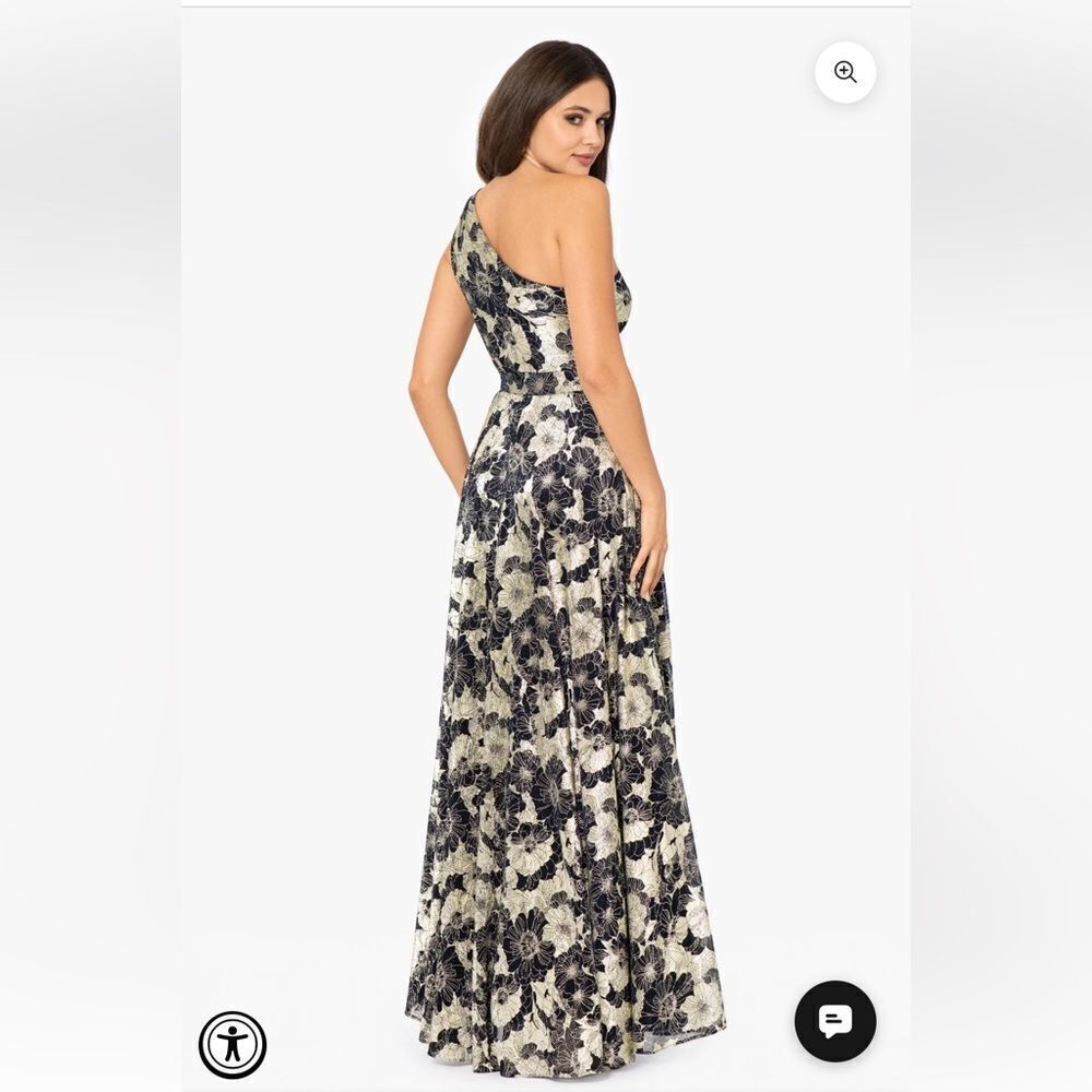 Betsy & Adam GWEN" LONG ONE SHOULDER WRAP FOIL FLOWER DRESS PETITE NWT - Picture 3 of 9